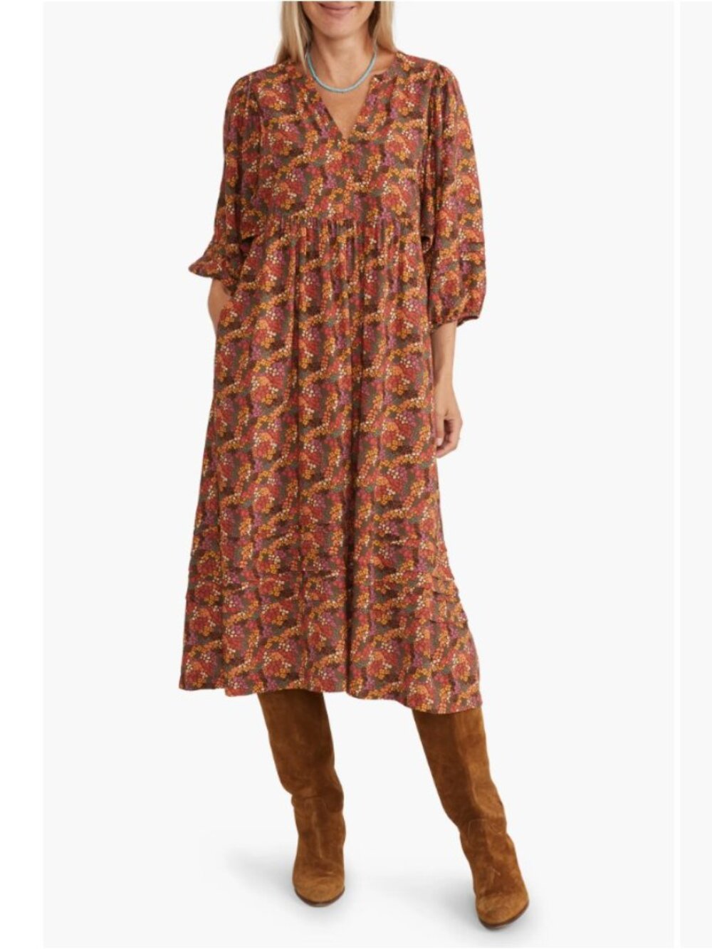 Marine Layer Lola Floral Print Balloon Sleeve V-Neck Midi Dress in Cheetah Boho